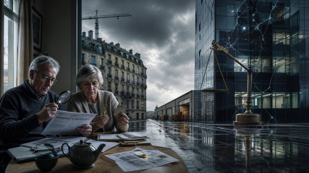 Un couple de retraités assis à une table de bois examine des documents à la loupe et une petite part métallique ; derrière eux, une tour de bureaux de verre fissurée, un immeuble d’habitation en pierre, un entrepôt ouvert avec palettes et vélo, et une grande balance penchée du côté de la tour.