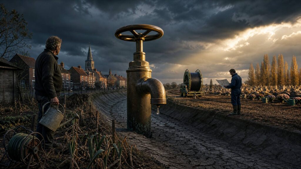 Un robinet monumental en laiton, fermé, jaillit du lit asséché d'un canal, entre un potager ouvrier desséché et un enrouleur d'irrigation agricole, devant des maisons de brique et un cimetière fleuri.