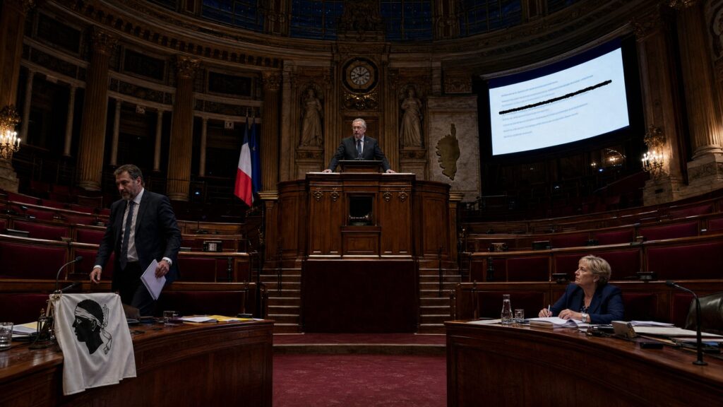 Hémicycle du Sénat de nuit : un orateur debout à la tribune, une ministre assise au banc du gouvernement, un sénateur ramassant ses dossiers près d'un drapeau corse, et un écran de vote barré d'un trait noir.