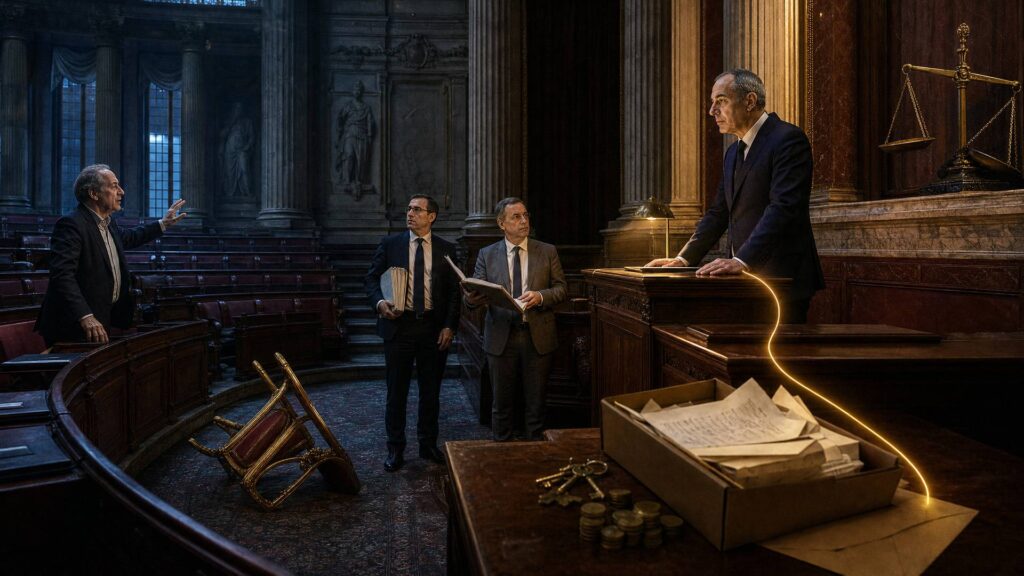Hémicycle du Sénat la nuit : un ministre debout à la tribune, penché sur un dossier fermé, fait face à trois sénateurs ; au premier plan, une boîte d’archives ouverte, un trousseau de clés et des pièces de monnaie ; une balance de bronze penche vers les bancs de gauche, une chaise renversée barre l’allée centrale.