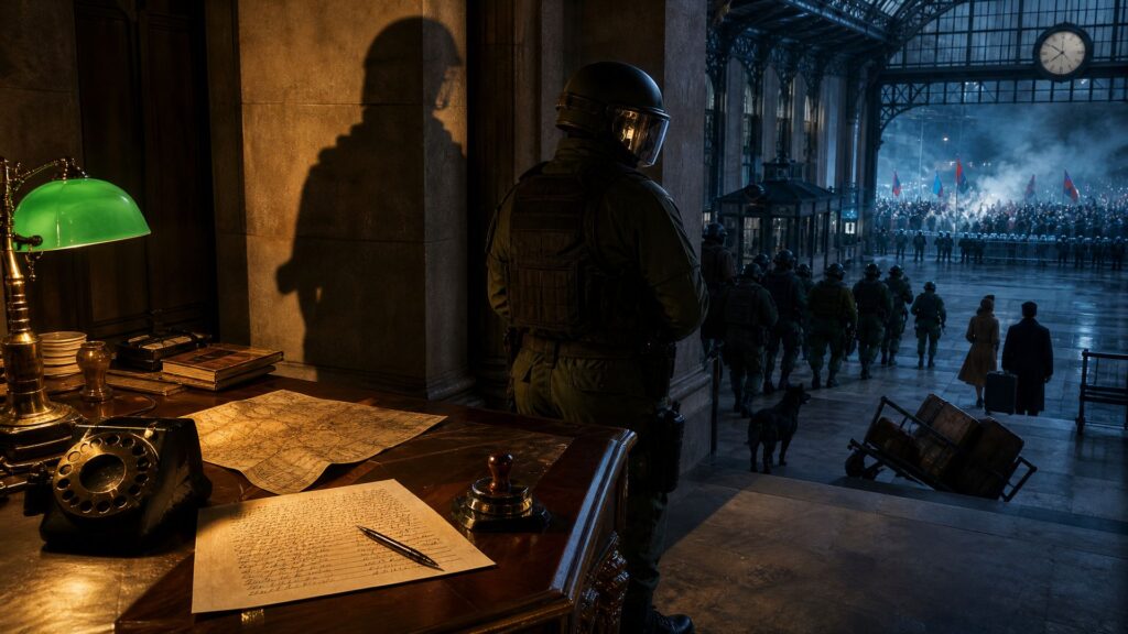 Bureau d'acajou éclairé par une lampe à abat-jour vert, avec une feuille de réquisition manuscrite, un stylo posé, un tampon et une carte ; au centre, un soldat en tenue de combat vu de dos devant un pilier de pierre, son ombre allongée ; au fond, la verrière d'une gare, une colonne de soldats et, dans une lumière froide, une foule de manifestants avec drapeaux et fumée derrière une barrière.