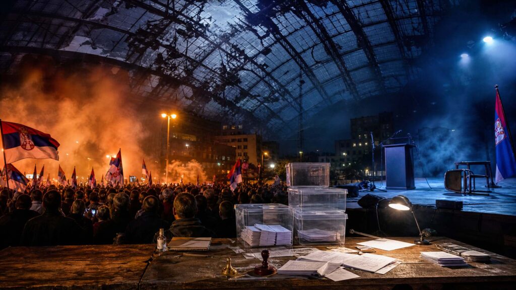 Nuit électorale à Belgrade : urnes transparentes et bulletins sur une table en bois au premier plan, estrade vide et pupitre sous une lumière froide à droite, foule de dos avec drapeaux serbes et fumée chaude à gauche, et au-dessus de la ville la verrière fissurée de la gare de Novi Sad en surimpression.
