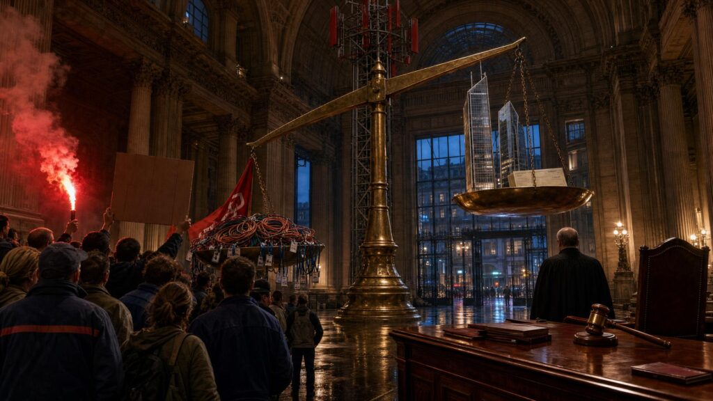 Salle de tribunal monumentale : à gauche, une foule de salariés vue de dos, un fumigène rouge et un panneau de carton vide ; au centre, une balance géante dont un plateau porte des câbles et des badges, l'autre trois tours de verre ; un pylône télécom rouge derrière la balance ; à droite, une table de bois, un marteau de juge, un fauteuil vide et un magistrat de dos, devant des baies vitrées ouvertes sur la ville au crépuscule.