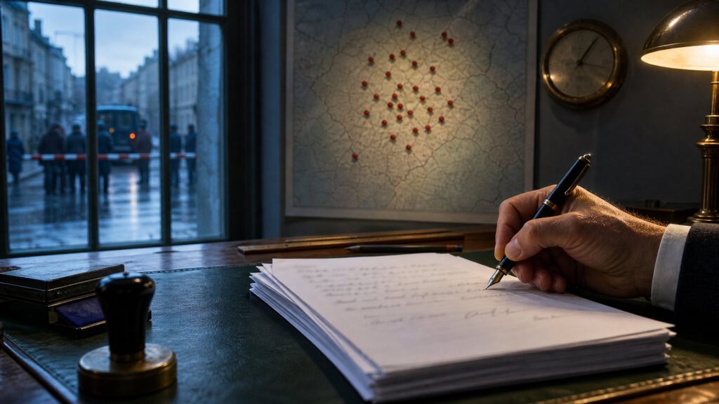 Bureau de préfecture à l’aube : une main signe un arrêté posé sur une pile de dossiers ficelés, une grande carte départementale punaisée au mur porte des dizaines de repères rouges, une horloge de laiton marque six heures ; par la fenêtre, une barrière de police et une rue vide dans la lumière froide du matin.