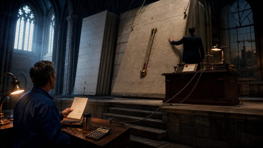 Image éditoriale générée par IA, non documentaire : dans une nef de pierre monumentale, un salarié en veste sombre, vu de dos, tient une fiche de paie à son bureau, avec calculatrice, portefeuille et pièces ; au fond sur une estrade de bois, un homme en costume sombre, vu de dos, pose la main sur un immense panneau mural incliné portant un thermomètre de laiton gradué ; sur le bureau surélevé, une balance de laiton et un document scellé de cire rouge ; une chaîne métallique relie les deux bureaux, et la ville apparaît derrière les fenêtres.