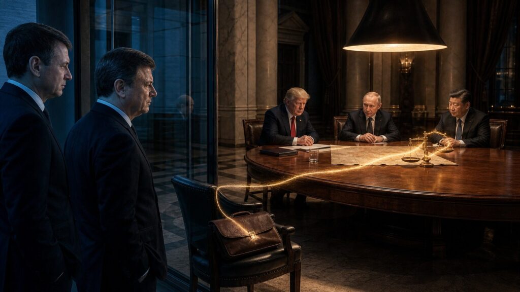 Salle de sommet monumentale aux colonnes de marbre : trois hommes en costume assis autour d'une table ronde en acajou couverte d'une carte dépliée, d'un dossier et d'une balance de laiton ; à gauche, derrière une paroi de verre, deux hommes debout dans une lumière bleue observent la scène ; au premier plan, un fauteuil vide avec un cartable de cuir.