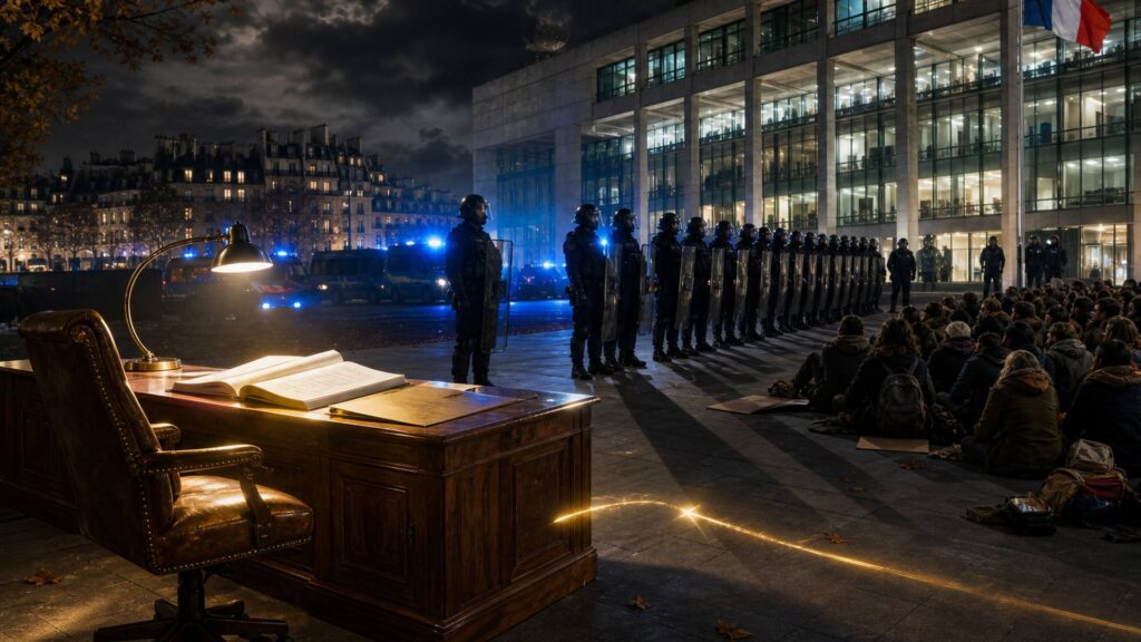La nuit, sur le parvis d'une universite parisienne : a gauche un bureau de noyer avec un dossier budgetaire ouvert et une chaise vide, au centre un cordon de policiers en tenue de maintien de l'ordre face a des etudiants assis au sol, a droite la facade de beton et de verre eclairee de l'universite.