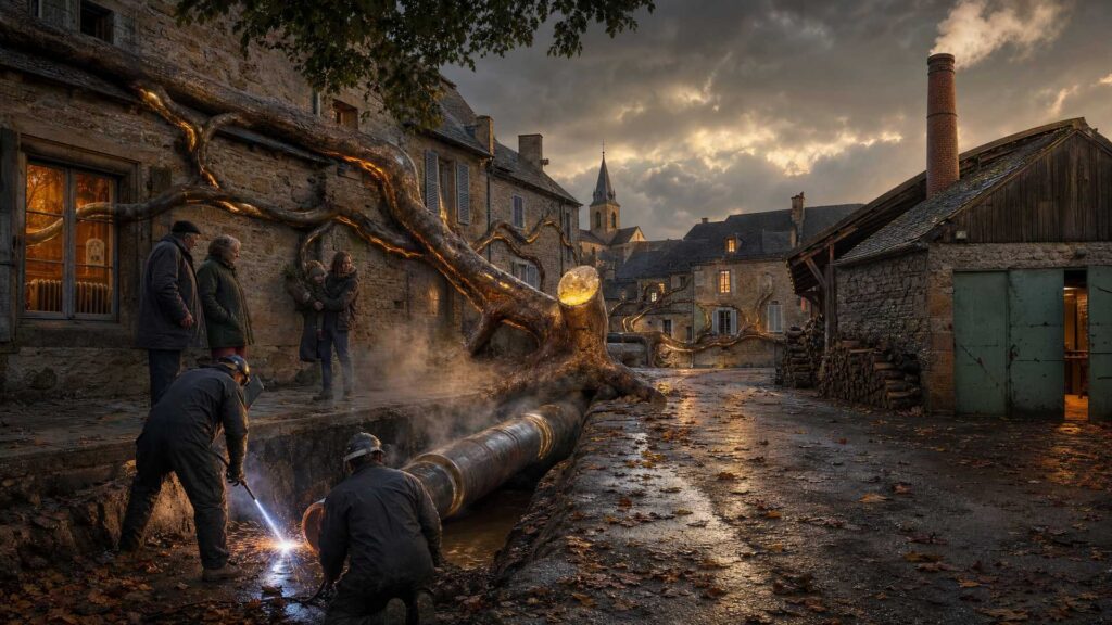 Rue d'un village de pierre du Lot au crépuscule d'automne : une tranchée ouverte dans la chaussée laisse voir deux tuyaux de chauffage dont un tronçon sectionné, vapeur et étincelles autour de deux agents vus de dos ; trois habitants en manteaux observent, une fenêtre éclairée laisse voir un radiateur en fonte ; à droite la chaufferie au bois fume, bûchers empilés ; au-dessus des toits, un immense réseau de bronze pareil à un arbre dont une branche est sectionnée traverse les maisons.