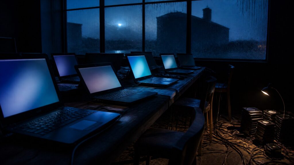 Ordinateurs portables allumés la nuit sur une table, devant la silhouette éteinte d'un bâtiment industriel