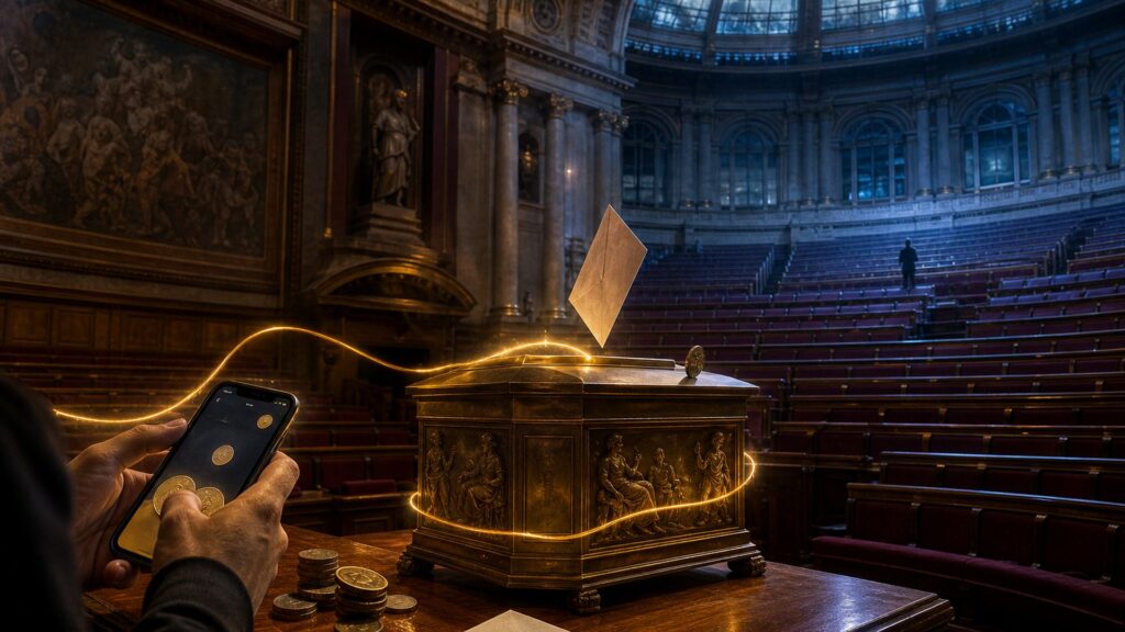 Hemicycle de l'Assemblee nationale vu des bancs, une urne de bronze au centre, un telephone affichant des jetons numeriques tenu au premier plan, et une silhouette debout sous la verriere.