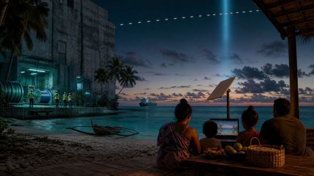 Atoll de Polynésie française au crépuscule : une famille vue de dos devant un ordinateur et une antenne satellite blanche sur une terrasse de bois ; à gauche, une station en béton de câble sous-marin éclairée en bleu-vert et des tourets de câble ; dans le ciel, une ligne de satellites et un faisceau de lumière qui s'interrompt au-dessus du lagon.