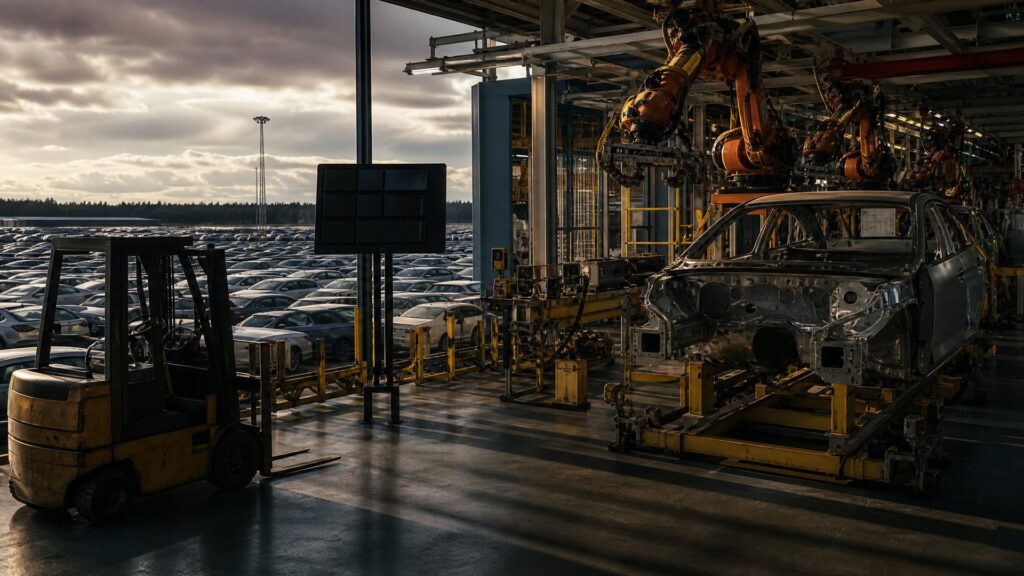 Chaîne de montage automobile à l'arrêt et parc de voitures neuves alignées à perte de vue.