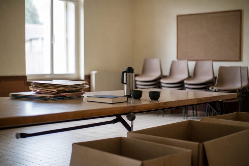 Salle associative vide : table en bois couverte de piles de dossiers, deux petites tasses, cartons ouverts au sol, chaises empilées et tableau blanc au mur.