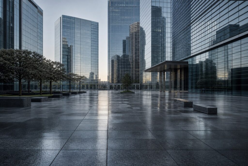 Tours de bureaux en verre d'un quartier d'affaires européen à l'aube