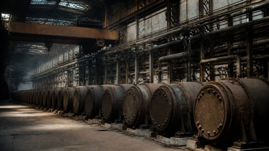 Salle des machines désaffectée avec des cylindres métalliques alignés au sol sous un pont roulant à l'arrêt