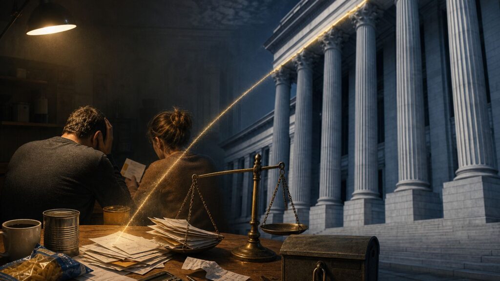 Deux adultes vus de dos devant une table de cuisine couverte de factures et d enveloppes, une balance ancienne penchant du cote des papiers, et au fond la facade froide d une banque qui surplombe la scene