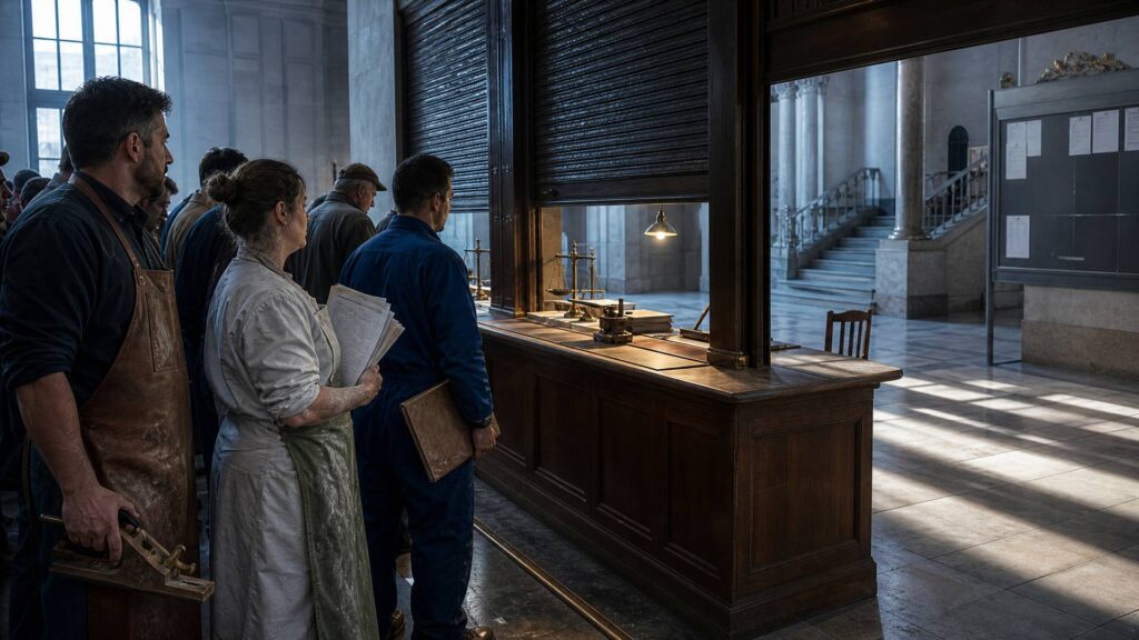 Hall monumental d'une chambre de métiers : une file d'artisans en tablier, portant devis et chemises cartonnées, attend devant un comptoir en chêne où sont posés un registre, un tampon et une balance de laiton ; deux guichets sur trois sont fermés par un rideau métallique à moitié baissé, et la partie administrative, froide et vide, s'ouvre au fond derrière un rail de laiton.