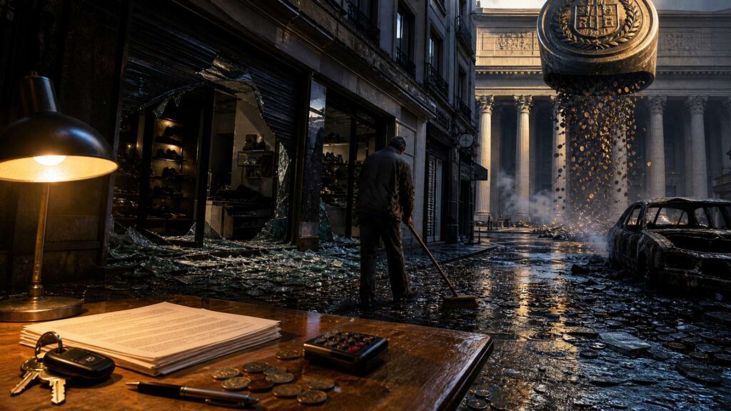 Rue commerçante au crépuscule, vitrine brisée, carcasse de voiture calcinée, homme balayant le verre, table avec contrat d'assurance et pièces de monnaie au premier plan, colonnade monumentale et sceau de bronze versant des pièces au fond.
