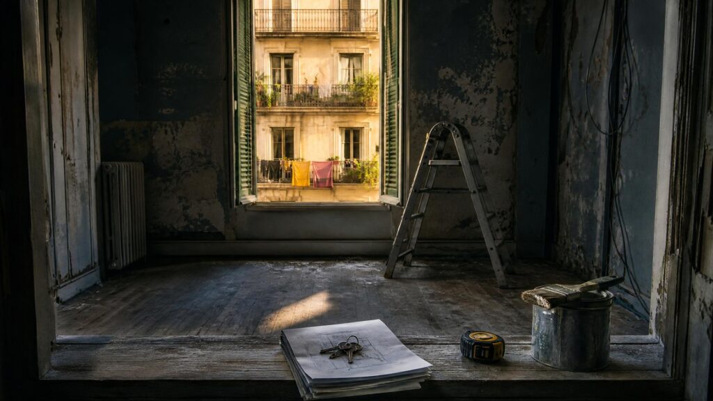 Intérieur d'un appartement marseillais vide en travaux : clés, papiers et mètre ruban sur le rebord d'une fenêtre, murs écaillés, échelle en aluminium ; par la fenêtre, une façade ensoleillée avec balcons et linge qui sèche