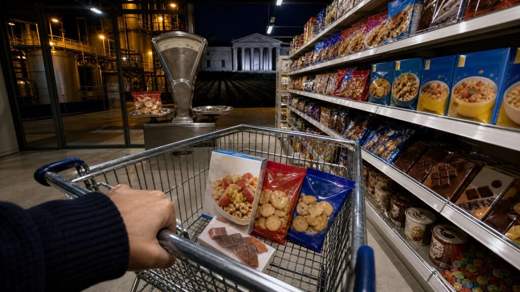 Allée de supermarché la nuit : un chariot garni de paquets de biscuits, de boîtes de céréales, de bonbons et de tablettes de chocolat, une balance d'acier au centre, une usine vitrée d'un côté, une façade à colonnes de l'autre.