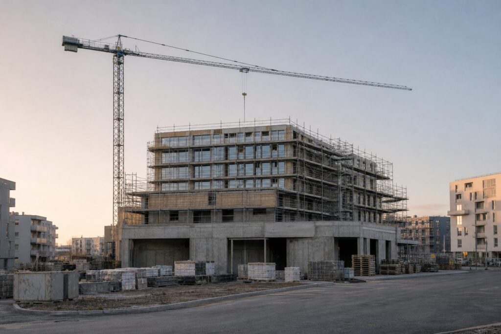 Chantier de construction urbain à l’aube, grue et échafaudages, sans personne identifiable