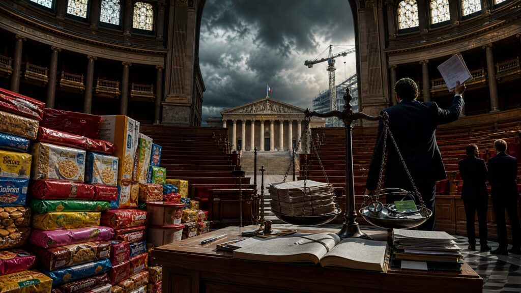 Image éditoriale générée par IA, non documentaire : hémicycle monumental aux gradins de bois ; à gauche un mur de paquets de biscuits, céréales, bonbons et chocolats empilés ; au centre un bureau de bois avec un registre ouvert et une balance d'acier chargée de documents ; des hommes en costume vus de dos ; à l'arrière-plan la façade à colonnes du Palais-Bourbon sous un ciel d'orage.