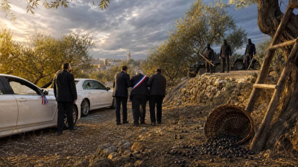 Oliveraie de Taybeh en Cisjordanie : trois hommes en costume vus de dos sur un chemin de terre, l'un portant l'écharpe tricolore de maire ; une voiture blanche à la vitre brisée ; au second plan, des hommes masqués munis de gourdins près de quads ; un panier d'olives renversé au premier plan.