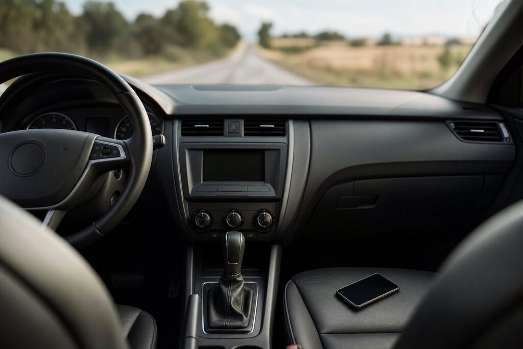 Smartphone posé sur le siège passager d'une voiture, volant et tableau de bord au premier plan.