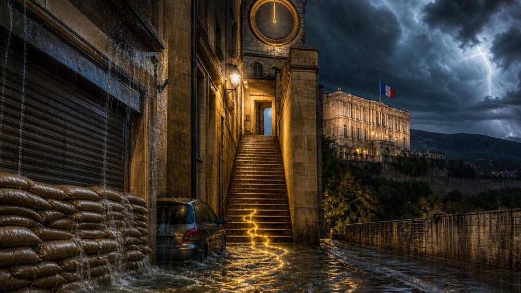 Rue inondée du Languedoc au soir : sacs de sable devant la porte d'une crèche aux volets baissés, voiture dans l'eau, horloge de pierre et préfecture avec drapeau français sous un ciel d'orage.