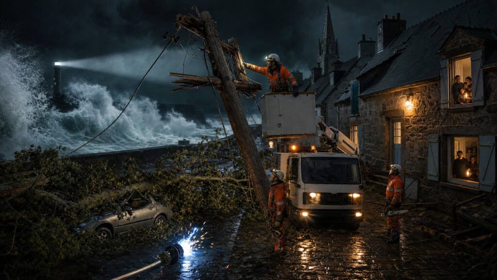 Nuit de tempête sur une côte bretonne : un technicien en tenue orange travaille dans la nacelle d'un camion sur un poteau électrique penché et fendu, un câble arraché étincelle au premier plan près d'une voiture écrasée par un arbre tombé, deux autres agents au sol dans les phares, un village de pierre aux toits d'ardoise dont une fenêtre est éclairée fait face à une vague immense qui franchit la digue, un phare balayant les nuages.