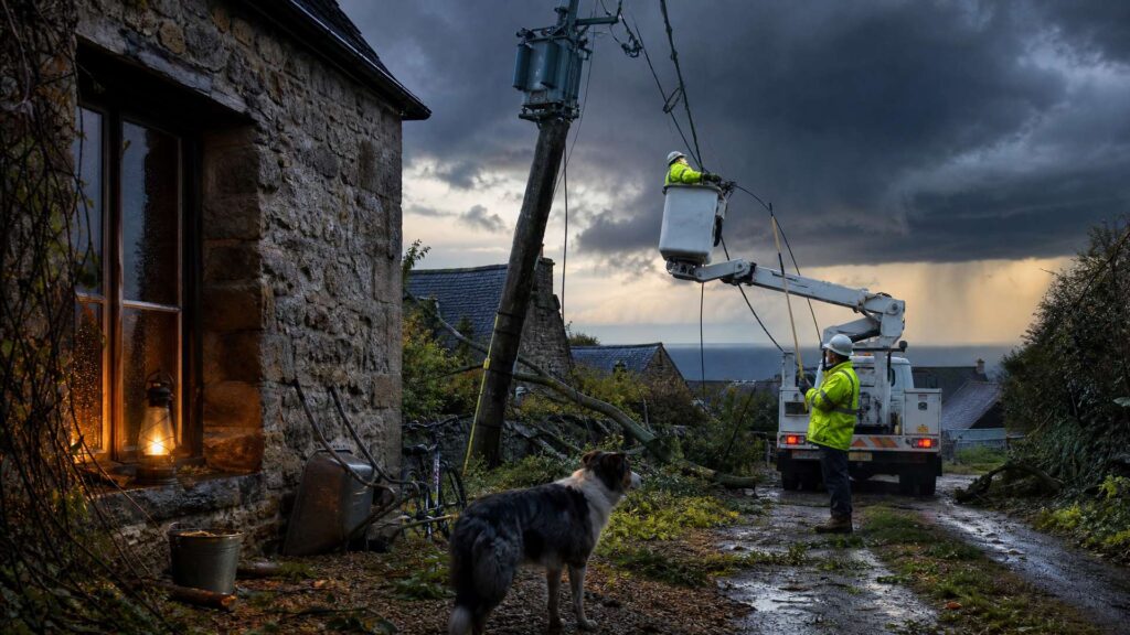 Dans un village normand au lendemain de la tempête, un camion nacelle blanc immobilisé près d’un poteau penché, deux agents en gilet jaune travaillant sur des câbles aériens arrachés, une maison en pierre aux fenêtres sombres éclairée par une lanterne, des branches tombées sur un chemin détrempé et un ciel d’orage au-dessus des toits d’ardoise.