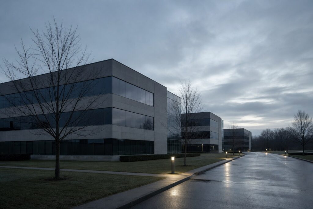 Façade de bureaux moderne anonyme à l'aube, allée d'accès humide et verre gris