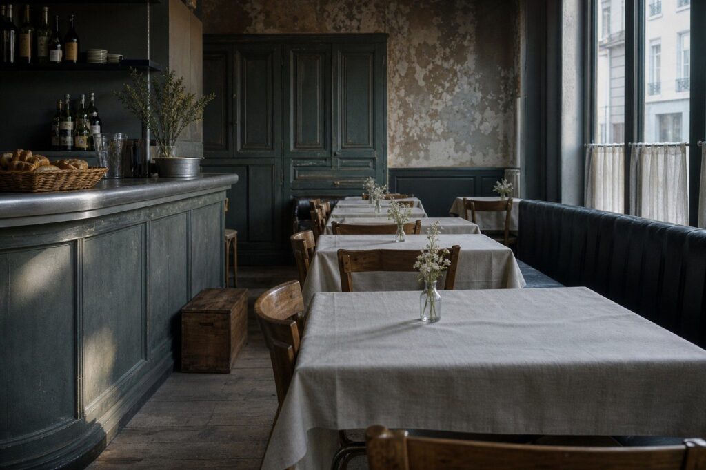 Salle de café ancienne, comptoir en bois, tables nappées et chaises