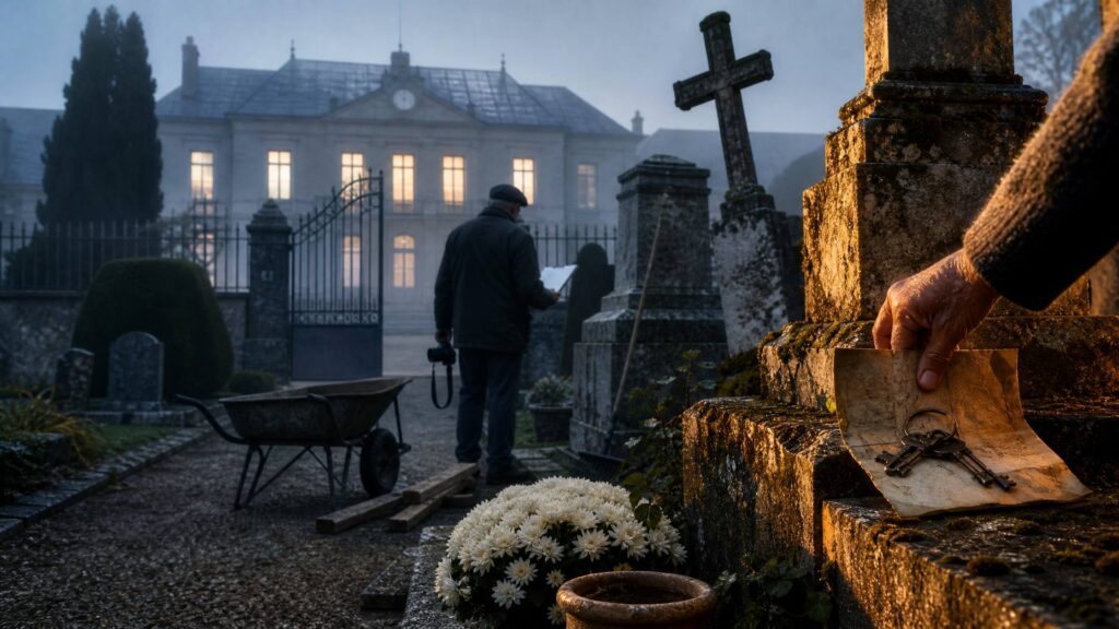 Tombe ancienne couverte de mousse au premier plan, une main ridée posant un titre de concession jauni et un trousseau de clés sur la pierre, couronne de chrysanthèmes blancs au pied ; au centre, un employé municipal vu de dos avec un registre et un appareil photo près d'une croix penchée ; derrière la grille du cimetière, la façade monumentale de la mairie aux fenêtres éclairées à l'aube.