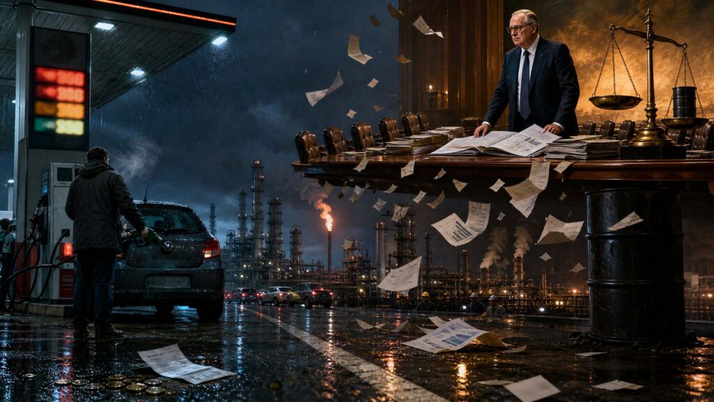 Station-service de nuit sous la pluie, un automobiliste tenant le pistolet dans le réservoir de sa voiture ; à l'arrière-plan une raffinerie et sa torchère, et une table de conseil monumentale où un dirigeant chauve et lunettes consulte des rapports, une balance penchée à ses côtés.