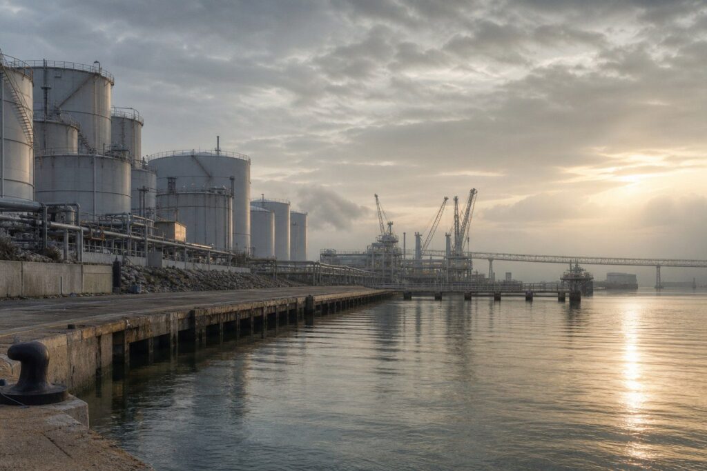 Port industriel, réservoirs de stockage cylindriques et grues au bord de l'eau