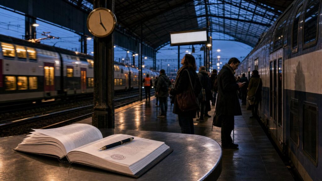 Quai de gare francilienne au crépuscule : à droite, une rame à deux niveaux arrêtée, portes fermées, fenêtres éteintes, quai désert devant elle ; à gauche, une rame éclairée part et une foule de voyageurs attend ; au premier plan, un contrat ouvert, un tampon et un stylo posés sur une tablette d'acier.