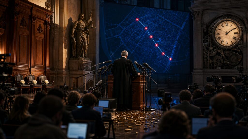 Salle de presse monumentale d'un palais de justice : un magistrat en robe vu de dos derrière un pupitre entouré de micros, immense écran bleu affichant une carte avec six points rouges reliés par une trajectoire, rangée de douilles de laiton au sol, horloge monumentale à droite, trois chaises vides avec une fleur blanche à gauche