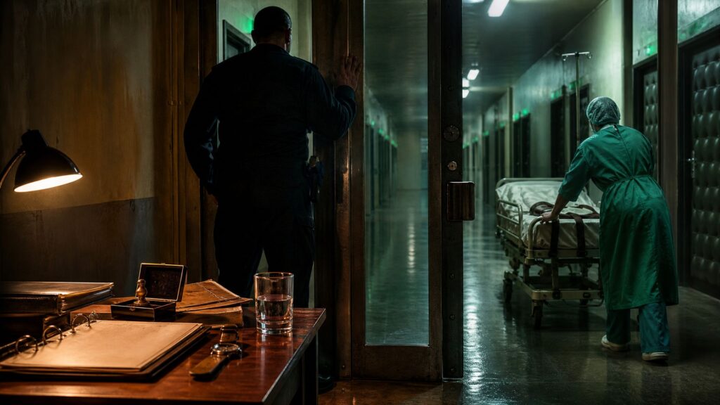 Couloir d'une infirmerie psychiatrique fermée, la nuit : à gauche un bureau de bois sombre avec un registre de garde à vue ouvert, un dossier scellé et un tampon encreur sous une lampe chaude ; au centre une porte vitrée blindée à double serrure sépare deux lumières ; à droite un lit médical poussé par une soignante en tenue verte, un gardien de dos au seuil.
