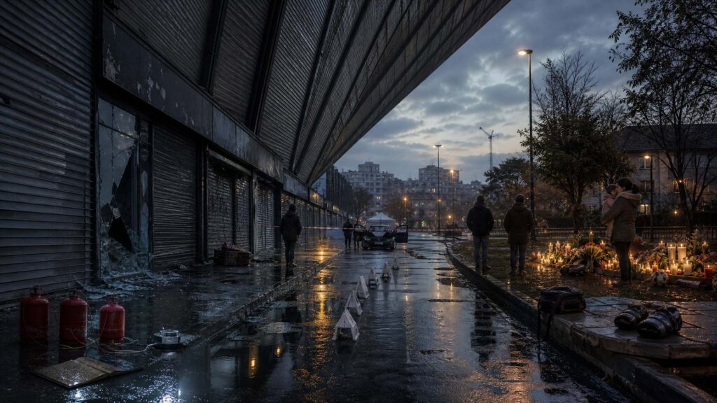 Image éditoriale générée par IA, non documentaire : place de banlieue à l'aube après la pluie. À gauche, rideaux de fer baissés de commerces et vitrine brisée, trois bouteilles de gaz reliées à un minuteur au premier plan. Au centre, une voiture arrêtée et des chevalets blancs alignés sur l'asphalte. À droite, un square avec bougies, fleurs et ballon de football, une femme portant un enfant devant le mémorial.