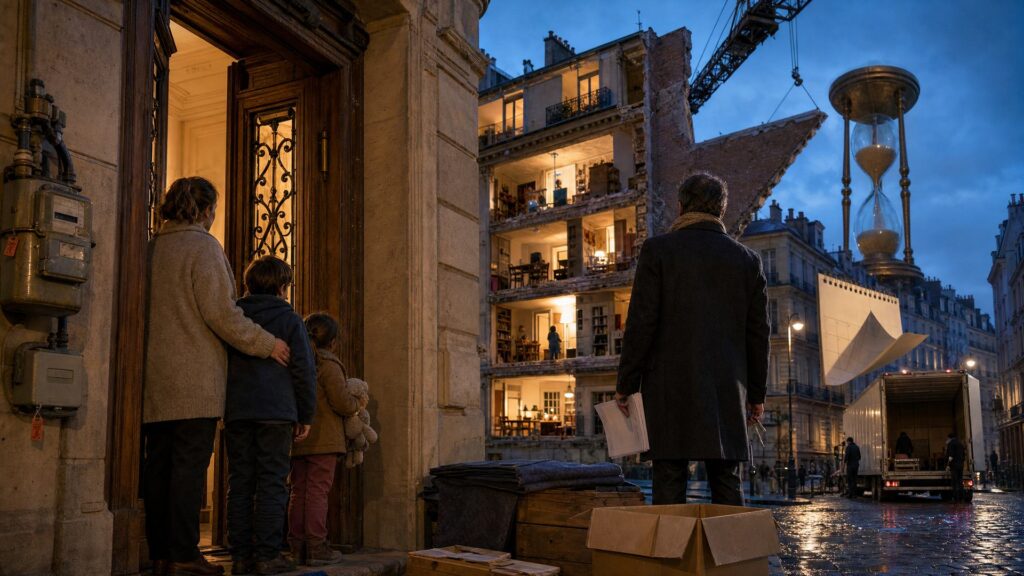 Entrée d'un immeuble parisien en pierre au crépuscule, pavés mouillés : à gauche une grande porte en bois ouverte sur une lumière chaude, une femme en manteau et deux enfants vus de trois quarts arrière, une fillette serrant un doudou ; deux compteurs fixés au mur de pierre ; au centre un homme en manteau sombre vu de dos, tenant des documents près de caisses en bois, de couvertures pliées et d'un carton ouvert ; derrière, l'immeuble haussmannien ouvert en coupe comme une maison de poupée laisse voir des appartements éclairés, la façade arrachée sur un côté ; à droite un sablier monumental suspendu dans le ciel près d'une grue, et un camion ouvert dans la rue.