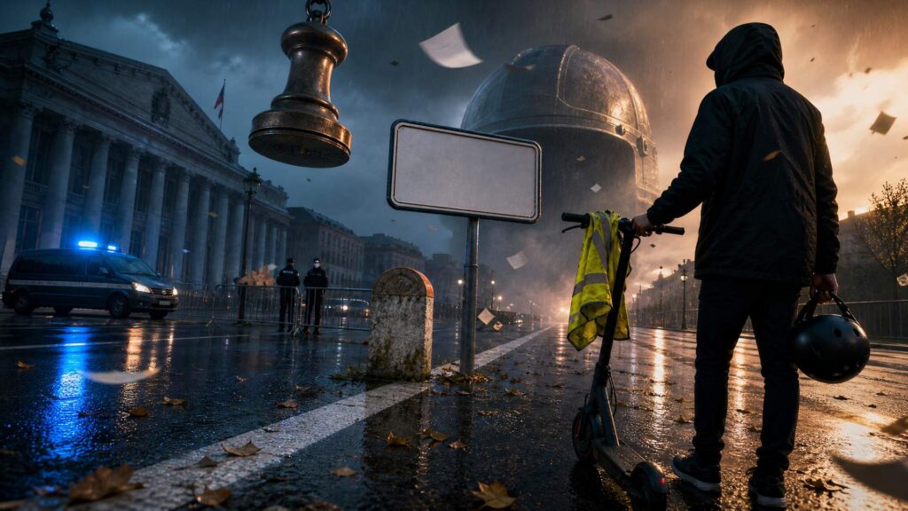 Route départementale mouillée au crépuscule, sous une pluie fine, feuilles mortes et papiers en suspension : au premier plan à droite, un jeune usager anonyme vu de dos, capuche et veste sombre, tient une trottinette électrique, un casque noir à la main et un gilet jaune fluo accroché au guidon ; au centre, un panneau de signalisation blanc entièrement vide et une borne de pierre marquent une limite sur la chaussée ; à gauche, un fourgon de police au gyrophare bleu, deux agents en uniforme derrière des barrières et la façade à colonnades d'une institution avec un drapeau ; un sceau monumental de bronze est suspendu au-dessus de la ligne blanche ; à l'arrière-plan, un casque géant en forme de dôme flotte sous un ciel de pluie. Aucune personne identifiable, aucun texte lisible.