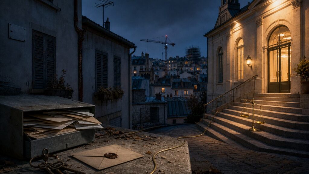 Dans une cour d'immeuble au crépuscule, une boîte aux lettres débordante et un trousseau de clés posés sur un seuil de pierre font face à la façade éclairée d'une mairie, où une balance de laiton est posée sur les marches.