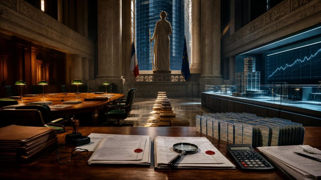 Hall monumental en pierre crème : table de bois couverte de dossiers, de sceaux rouges, d'un tampon et d'une loupe au premier plan ; table de réunion ovale et chaises vertes à gauche ; statue de Marianne de dos entre un drapeau français et un drapeau européen ; tour de verre en contre-jour dans l'ouverture ; comptoir vitré et écran de courbes à droite ; lumière chaude à gauche, froide à droite.