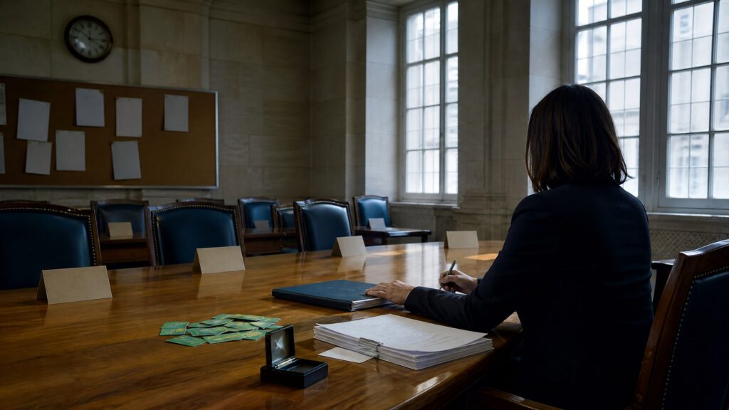 Illustration éditoriale générée par IA : grande salle de commission aux chaises vides autour d'une table, une femme anonyme seule avec un dossier et un tampon, cartes Vitale et arrêtés sur la table.