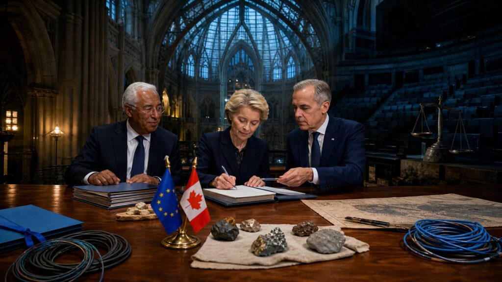Trois dirigeants européens et canadien signent un document à une table de sommet, drapeaux de l'Union européenne et du Canada, échantillons de minerais et câbles, hémicycle vide en arrière-plan.
