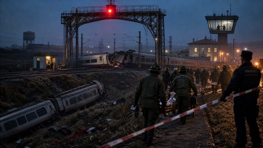 Deux voitures d'un train à grande vitesse blanches à bande rouge couchées sur le talus d'une voie, sous un haut portique de signalisation dont le feu est rouge ; au premier plan, des secouristes casqués portent une civière derrière une bande de périmètre ; au fond, une petite gare éclairée, un château d'eau et une tour de contrôle vitrée avec des silhouettes à une console.