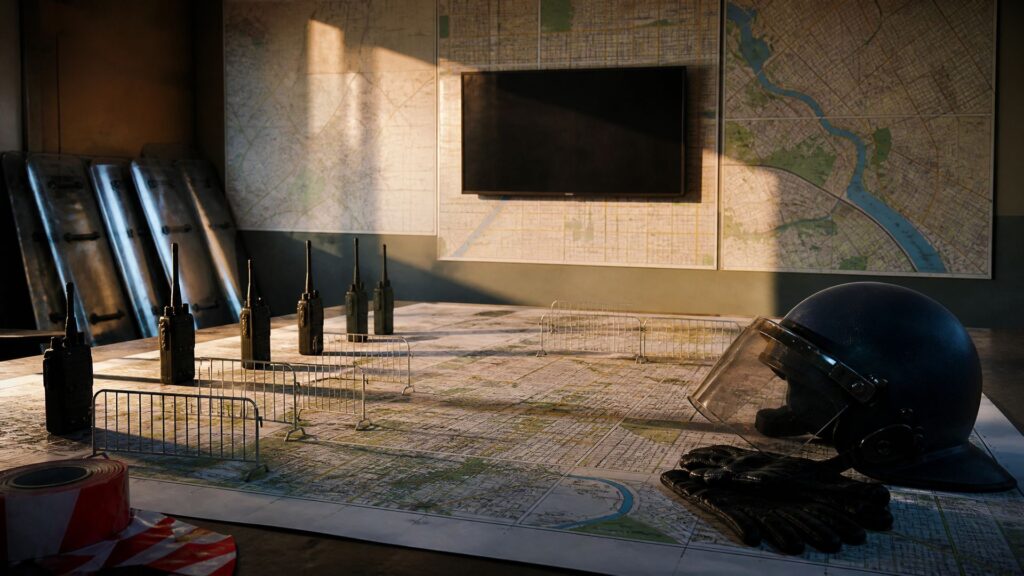 Salle de commandement vide : plans de ville, barrières miniatures, casque de maintien de l’ordre et boucliers empilés.