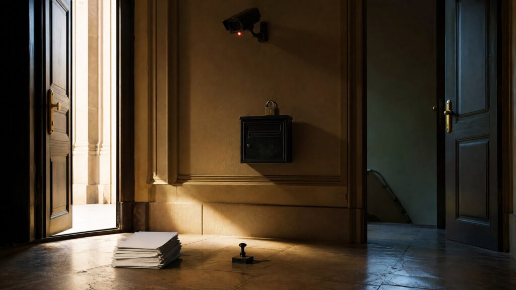 Vestibule d’administration désert : deux portes, l’une ouverte sur la lumière, l’autre sur un escalier sombre, une caméra et un cadenas.