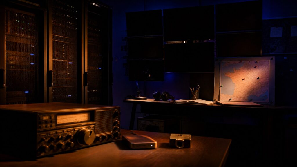 Salle technique sans enseigne : baies de serveurs, mur d’écrans éteints, carte de France punaisée et récepteur radio.